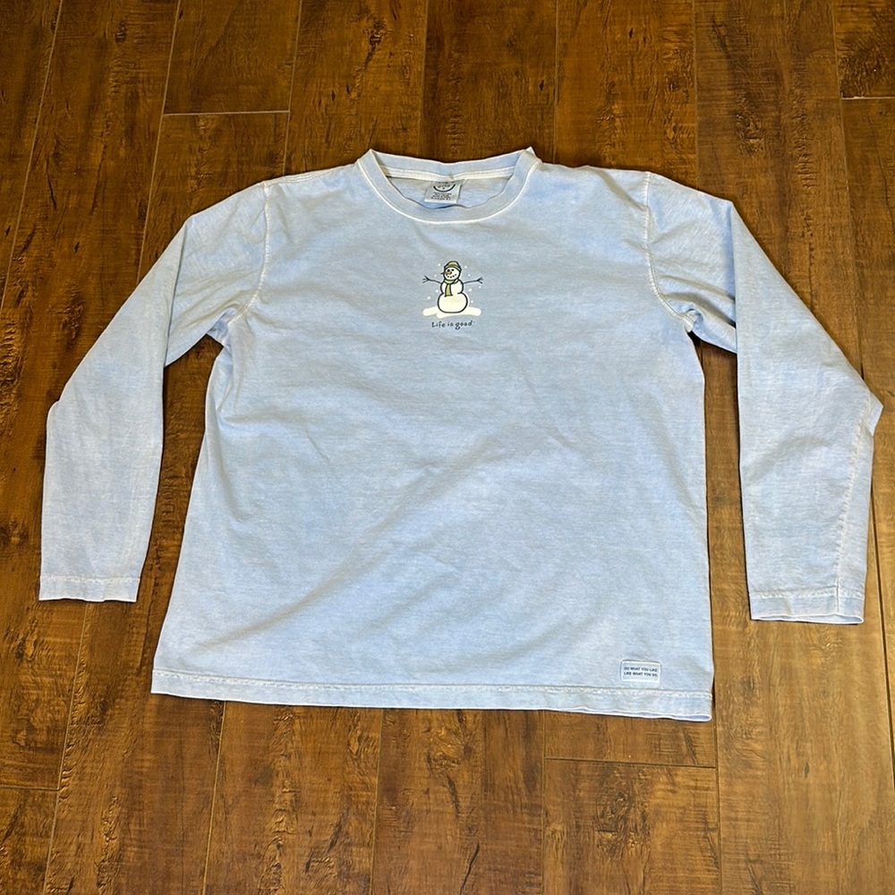 Life is Good Snowman Long Sleeve Tee Shirt Light Blue Size Large